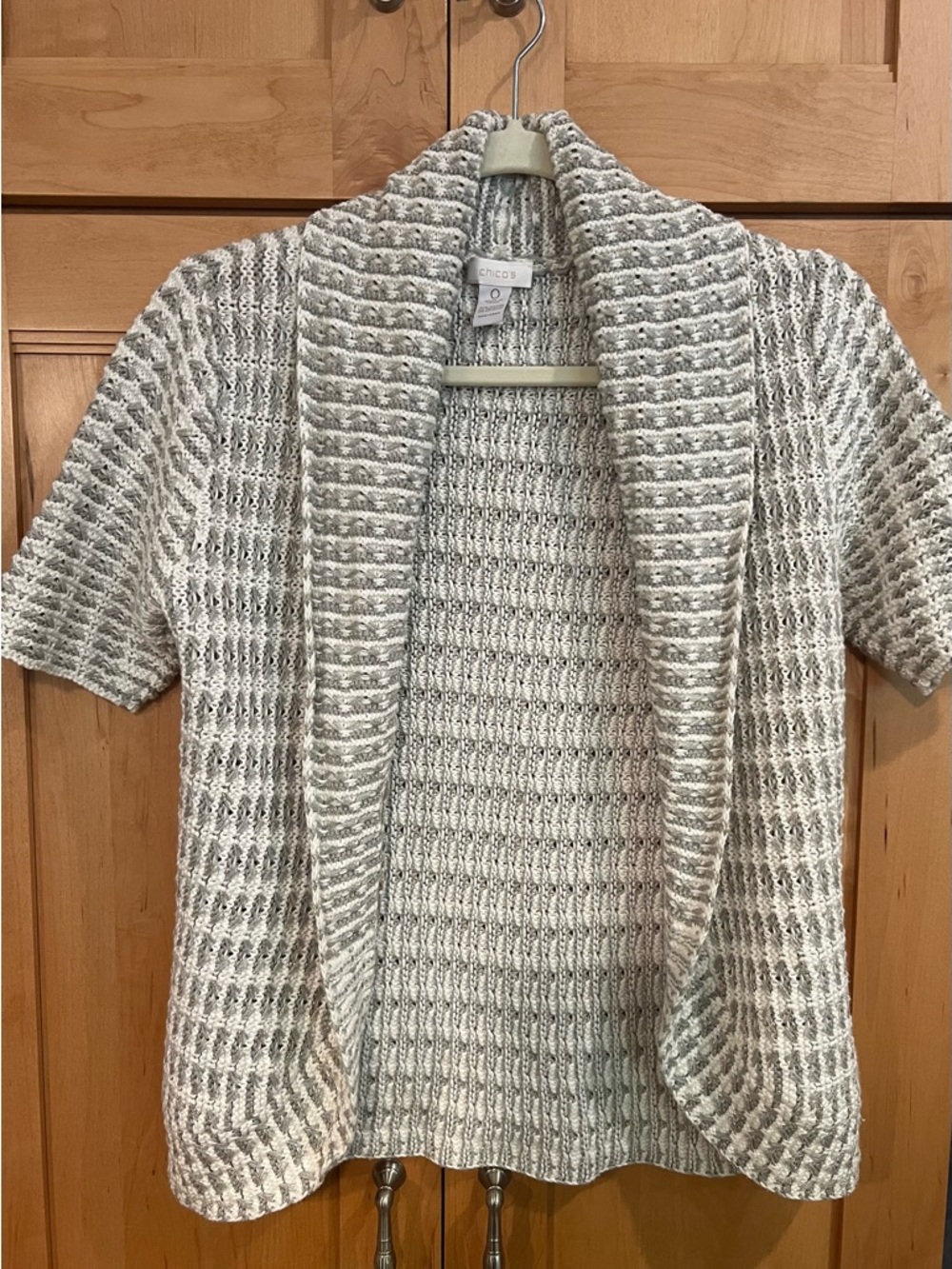 Chico's Short-Sleeve Open Knit Cardigan Sweater - Light Gray/White